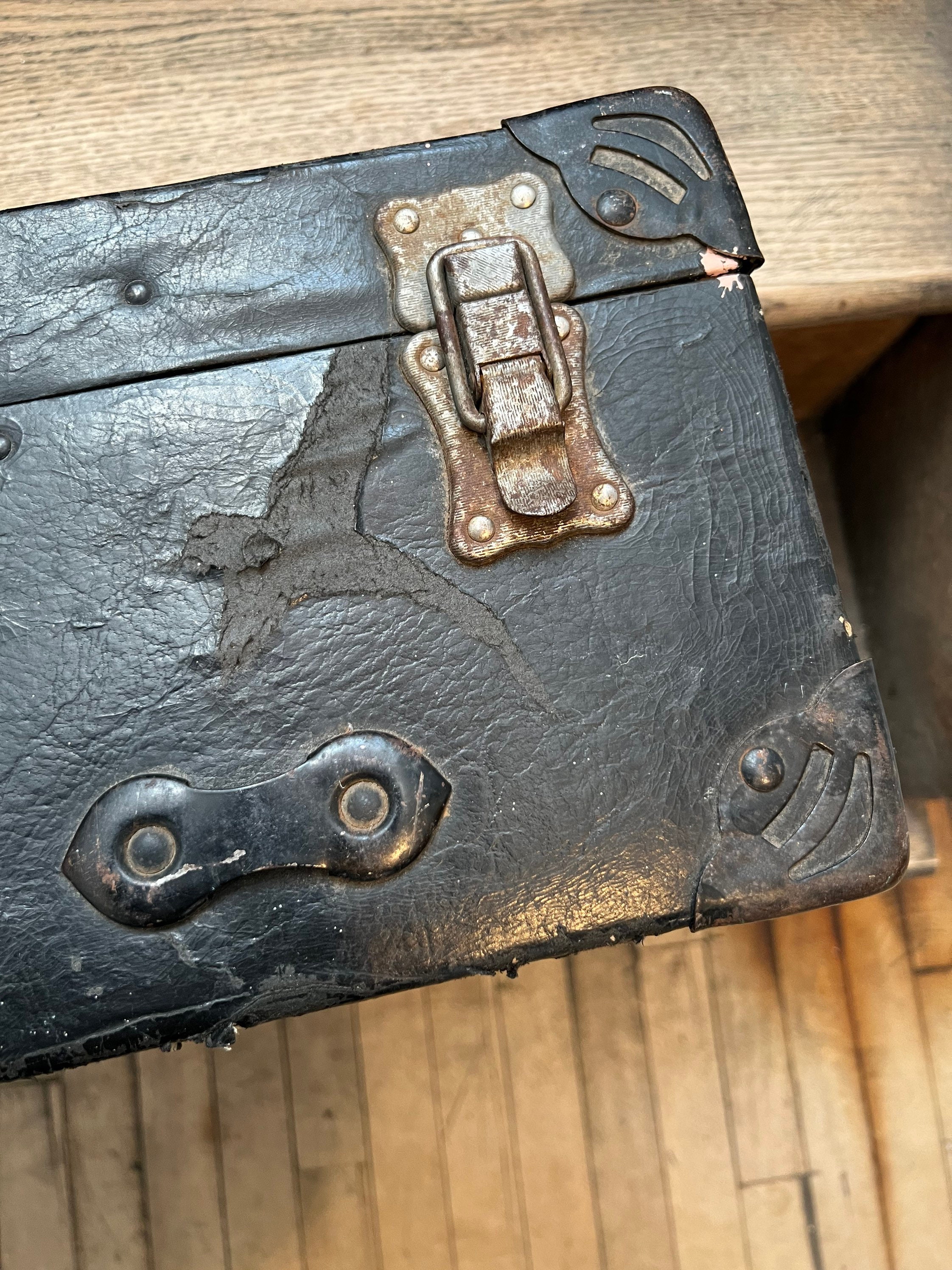 Antique Trunk Shwayder Black Metal Leather Wrapped Suitcase