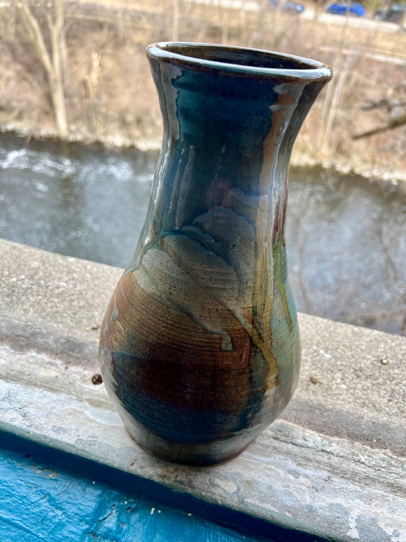 Vintage Hand Thrown Art Pottery Vase Large Heavy Drip Mixed Glaze ...