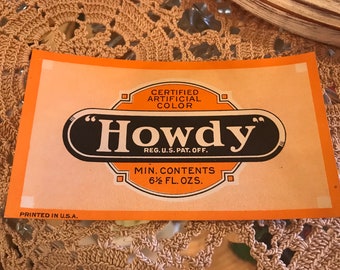 Labels HOWDY Unused Soda Pop Label/1920s Soda Label/Crafting Supply/Vintage Advertising Label/old New Stock Pop Label Vintage Ephemera Labe