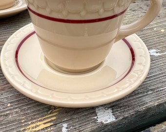 Syracuse China Cardinal Line Cup and Saucer Set Coffee Bar Cups Mugs Railroad Dishes Ecru Red Line Wedding Table Serveware Drink Station