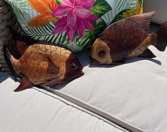 Wooden Angel Fish Set of Two Hand Carved Lakehouse Decor Beach Sea Life Fishing Wood Hand Made