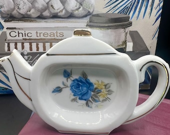 Vintage Tea Bag Holders Porcelain Floral With Gold Trim Made in Japan Pink Yellow Blue Roses Spoon Rest Wedding Tea Party Decor