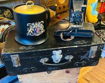 Antique Trunk Shwayder Black Metal Leather Wrapped Suitcase