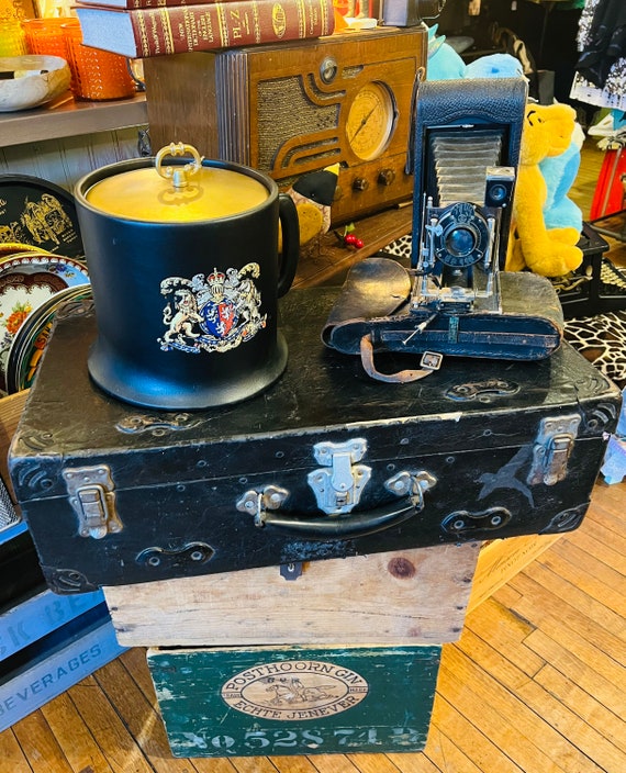 Antique Trunk Shwayder Black Metal Leather Wrapped Suitcase