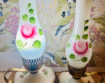Vintage Pink Roses Budoir Lamps Hand Painted Floral With Brass Hurricane Lamps Shabby Chic Cottagecore Milk Glass Wedding Decor Spring
