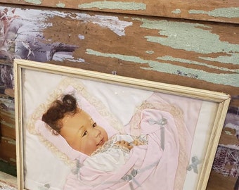 Cuadro de bebé enmarcado conmemorativo de luto victoriano con pelo real, decoración de guardería, arte enmarcado antiguo para niños, galería de encaje para niñas, paredes para niños