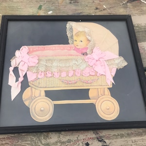 Victorian Mourning Memorial Framed Baby Picture w/real hair Nursery Decor Antique Child’s Art Girl Satin Lace Babies Cradle Buggy