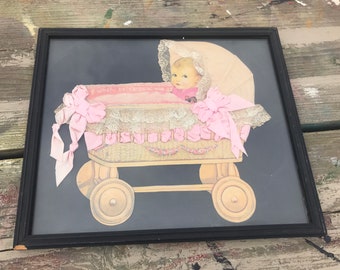 Victorian Mourning Memorial Framed Baby Picture w/real hair Nursery Decor Antique Child’s Art Girl Satin Lace Babies Cradle Buggy