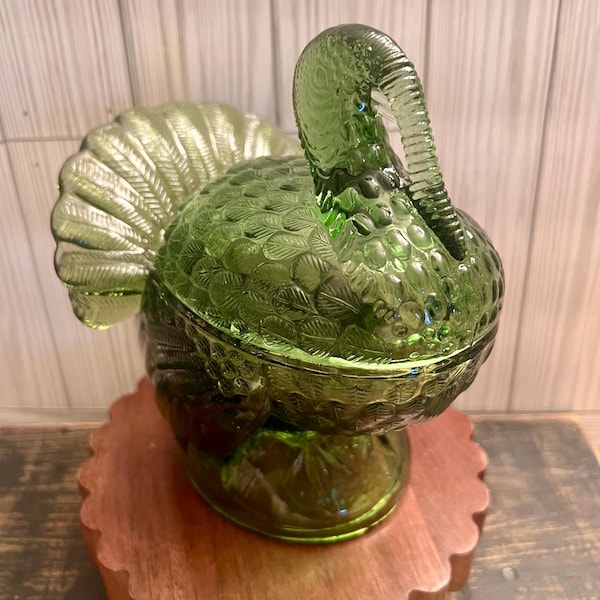 L E Smith Turkey On Nest Candy Dish Avocado Green Art Glass Thanksgiving Tablescapes Fall Decor Cottagecore Granny Chic Farmhouse