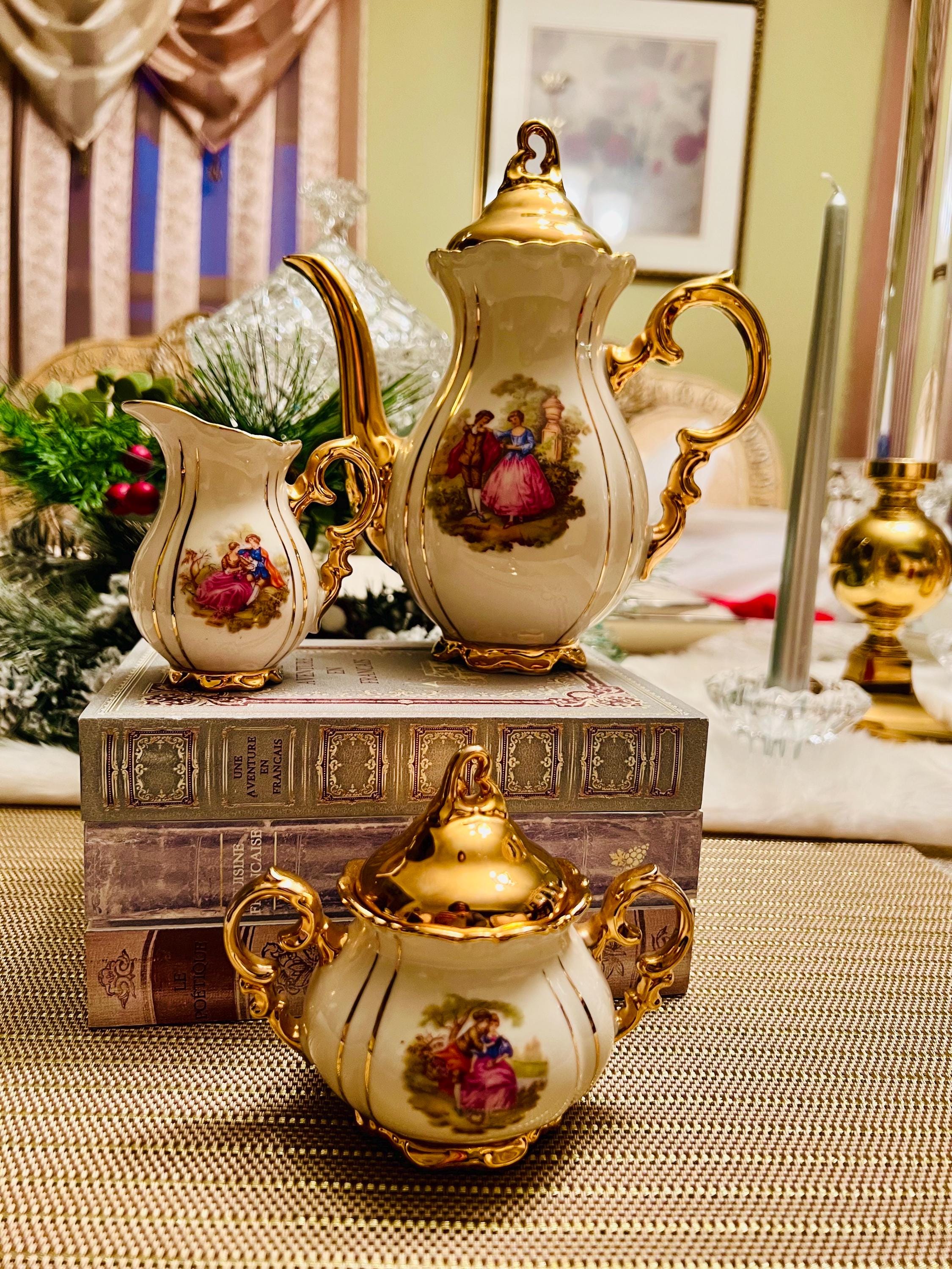 Waldershof Bavarian Tea Set 22KT Gold With Courting Couple Sugar