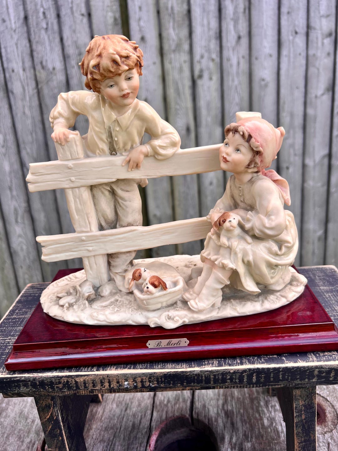 B.Merli ブルーノ・メルリ 猫を抱く少女 イタリア製 B Merli Capodimonte Boy and Girl With Puppies Figurine Florence