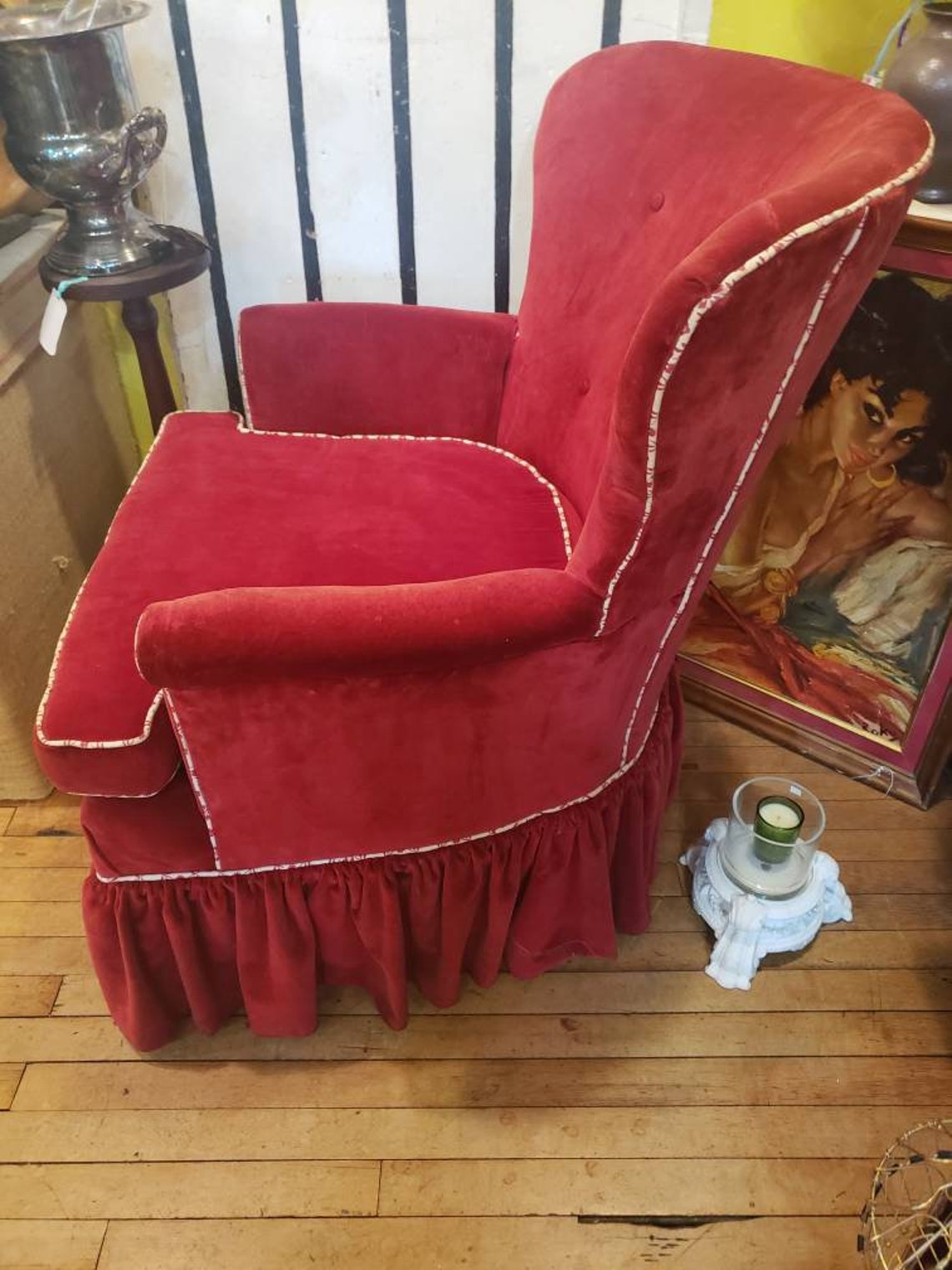 Red Velvet Upholstered Chair with Ruffled Skirt Chairs Gothic Etsy