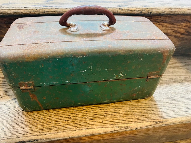 Vintage Tackle Box Green Metal Fishing Tackle Box With Tackle Etsy