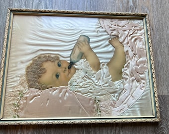 Victorian Mourning Memorial Framed/Baby Picture/Nursery Decor/Antique Child’s Baby Picture/Framed Art/Baby Boy/Satin Lace Crochet/Babies