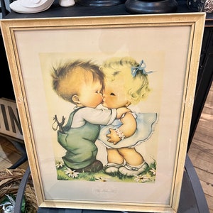 The Stolen Kiss Lithograph Herbert Dubler Inc NY Child’s Nursery Decor Vintage  Gallery Wall  Nursery Children 1940s Framed Chippy Daisies