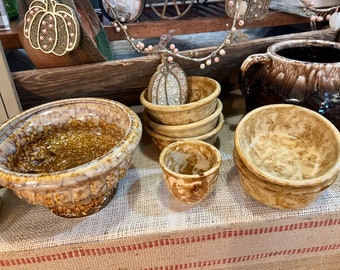 Bennington Pottery Bowl Small Ramekens Spongeware Splatter Rockingham Bowls Farmhouse Decor Fall Mottled Crazing Rustic Home Wedding