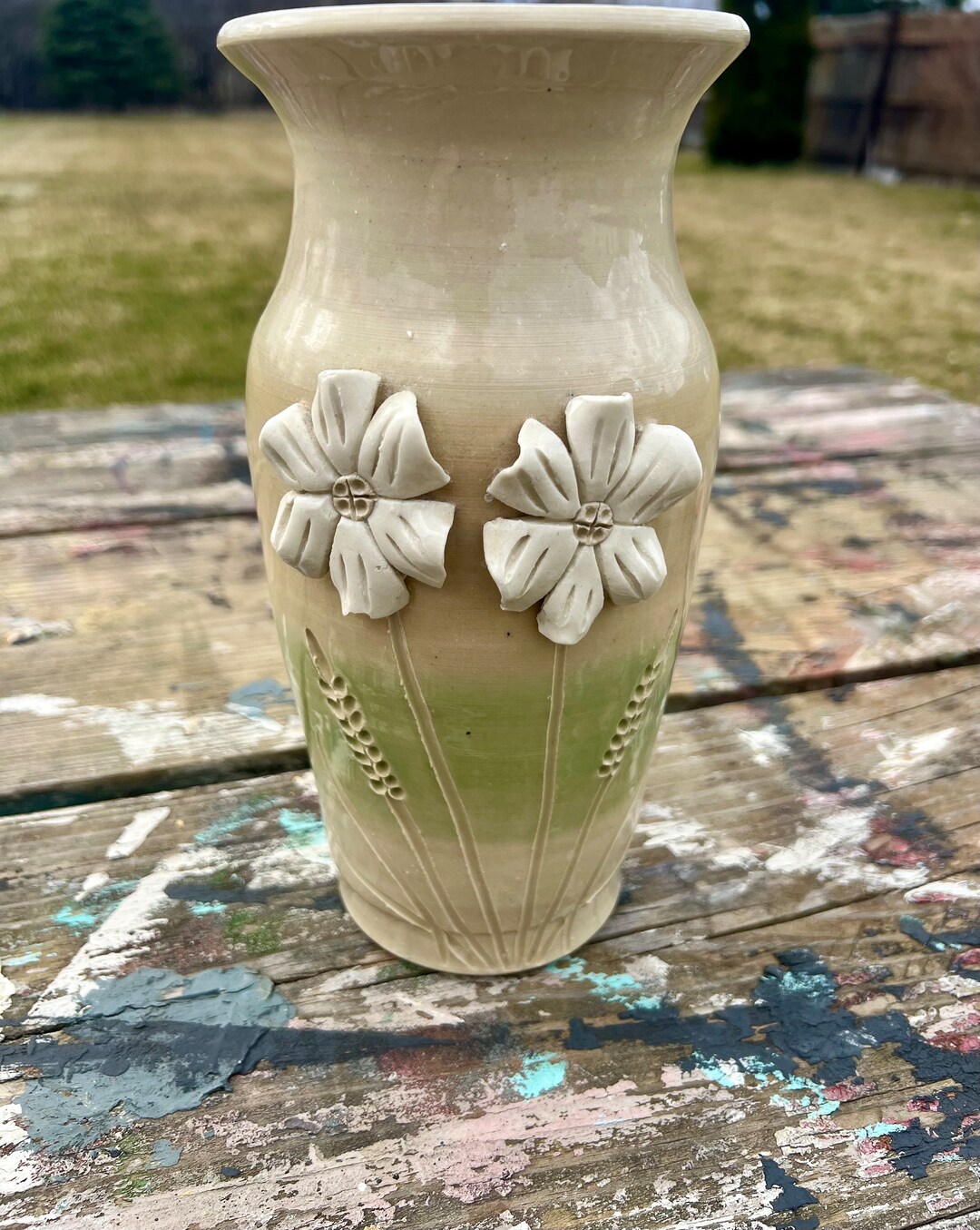 Art Pottery Vase Hand Thrown Flower Vases Striped Wildflowers Two Toned ...