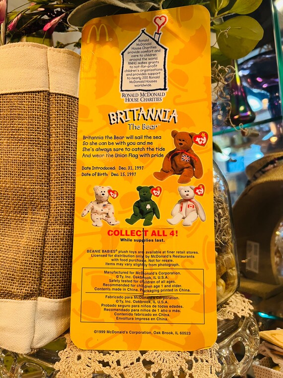 Vintage Britannia The Bear 1997 McDonalds TY Beanie Baby Birthdate 