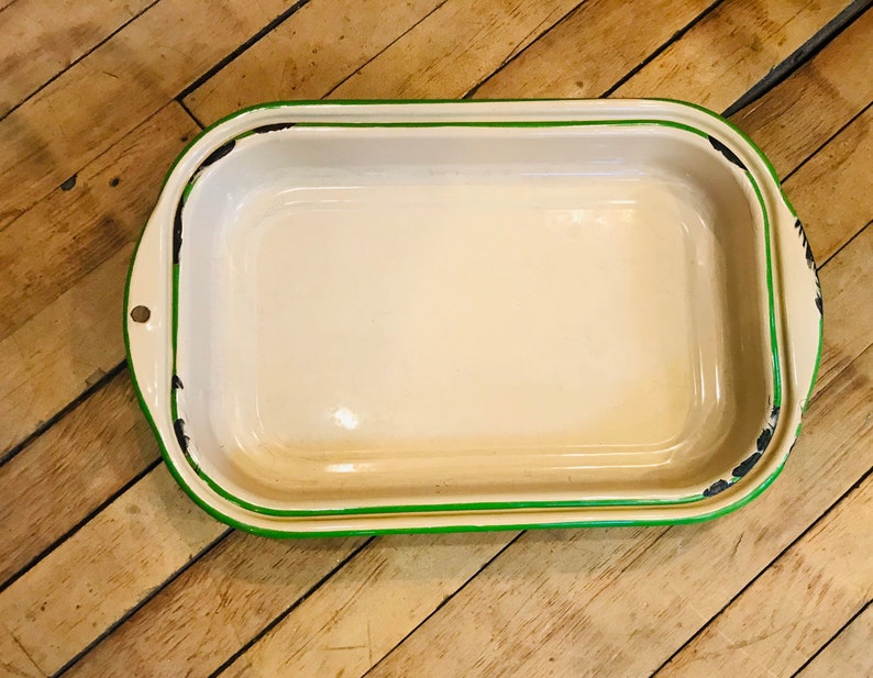 Vintage Cream and Green Enamelware Roasting Pans Casserole Etsy