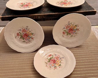 Vintage Multi Color Floral Embossed Saucer by Crown Potteries Co Made in USA Crazing Flowers Roses Cottage Farmhouse Cottagecore Wedding