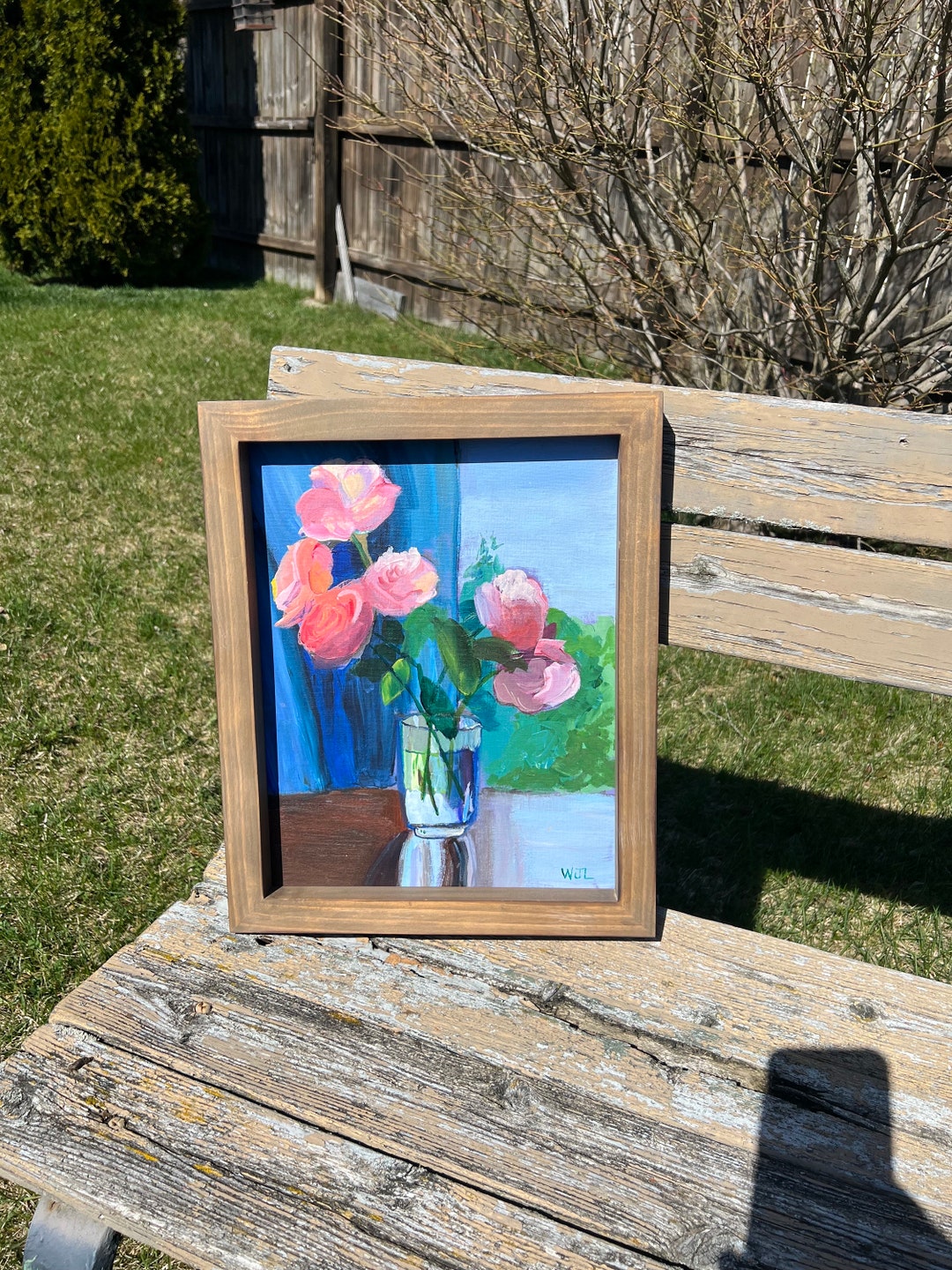 Oil Painting Still Life Flowers in Vase Handmade Wooden Frame Signed by ...