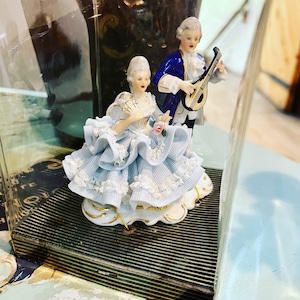 Vintage Dresden Figurine Musical Duo Made In Western Germany Victorian Couple Blue Lace Mandolin Lady And Gentleman New In Box Wedding Gifts