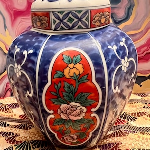 Japanese Blue and Orange Ginger Jar Multi Colored Flowers  Storage Jars Containers Decorative Vessels Urns  World Traveler Gifts