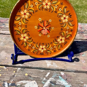 Vintage Folk Art Hand Painted Rosemaling Floral Wooden Plate Signed Spring Summer Flowers Farmhouse Cottagecore Decor Gallery Walls