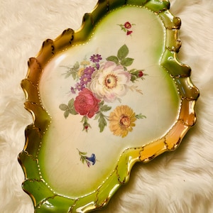 Vintage Floral Plates Platters Dish Vintage Wedding Decor Dresser Tray Handpainted Signed Scalloped Roses Gold Trim Romantic Plates Crazing