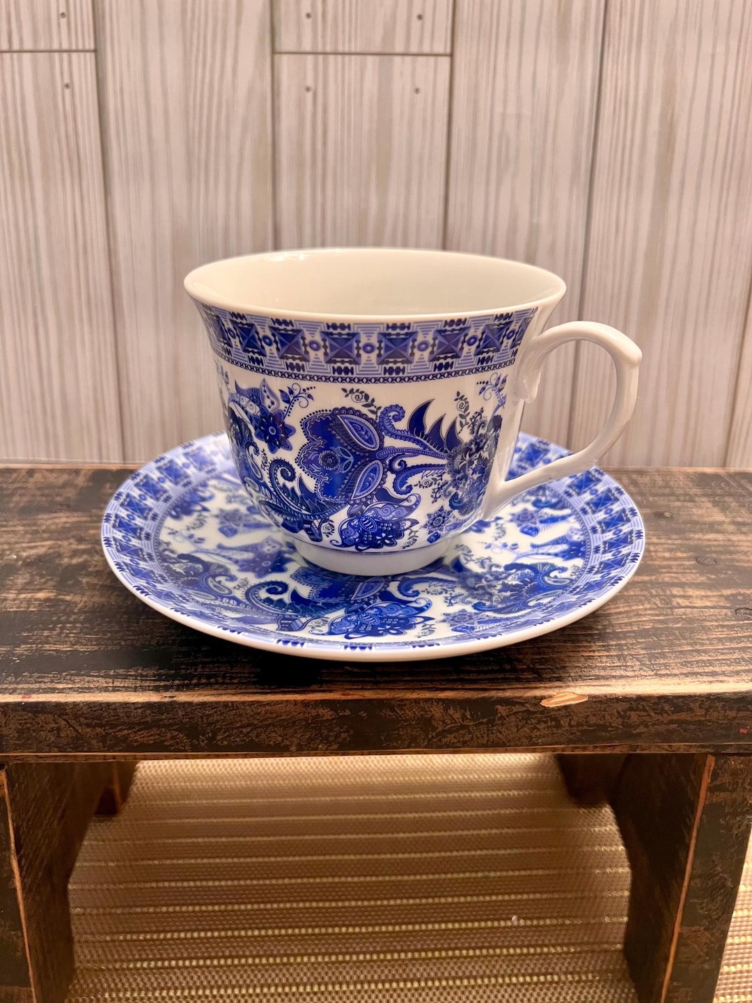 Kent Pottery Blue and White Floral Paisley Cup and Saucer Set