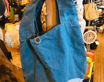 Vintage Denim Recycled Hobo Bag Slouch Purse Boho Market Shoulder Denim Handbag Handmade