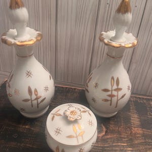 Vintage Dresser Vanity Set Perfume Bottles with Small Covered Dish Ivory and Gold Trinket Box Parfum Bottle with Stopper Made in Japan