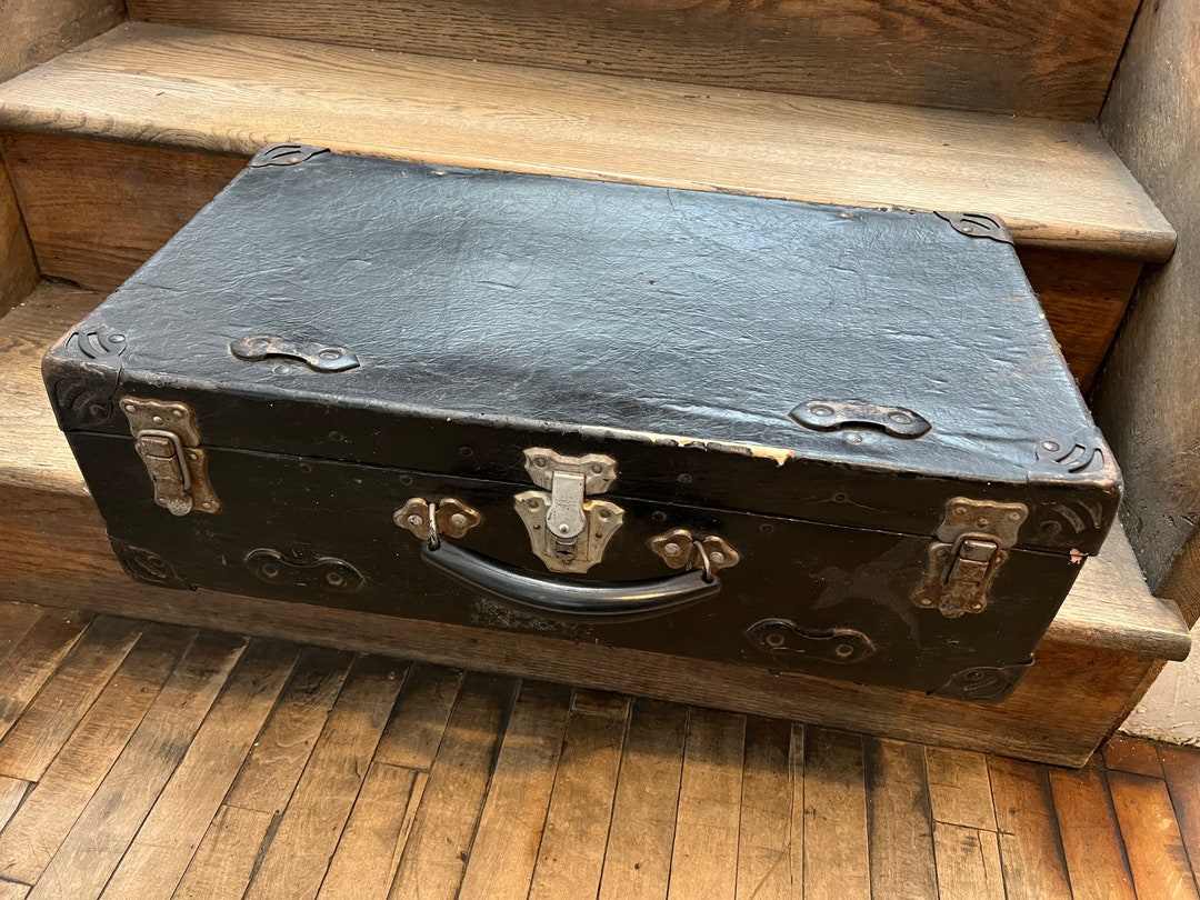 Antique Trunk Shwayder Black Metal Leather Wrapped Suitcase