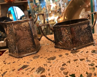 Vintage Forbes Silver Quadruple Plated Sugar and Creamer Set Silverplated Vessel Floral Dish Succulent Planter Bowls Formal Table