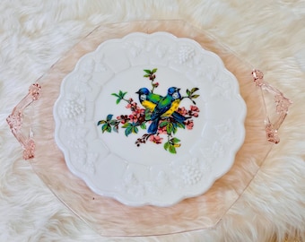 Westmoreland Milk Glass Plate with Blue Birds Floral Motif Grapes and Vine Shabby Farmhouse Cottagecore Decor Gift Ideas Botanical Nature