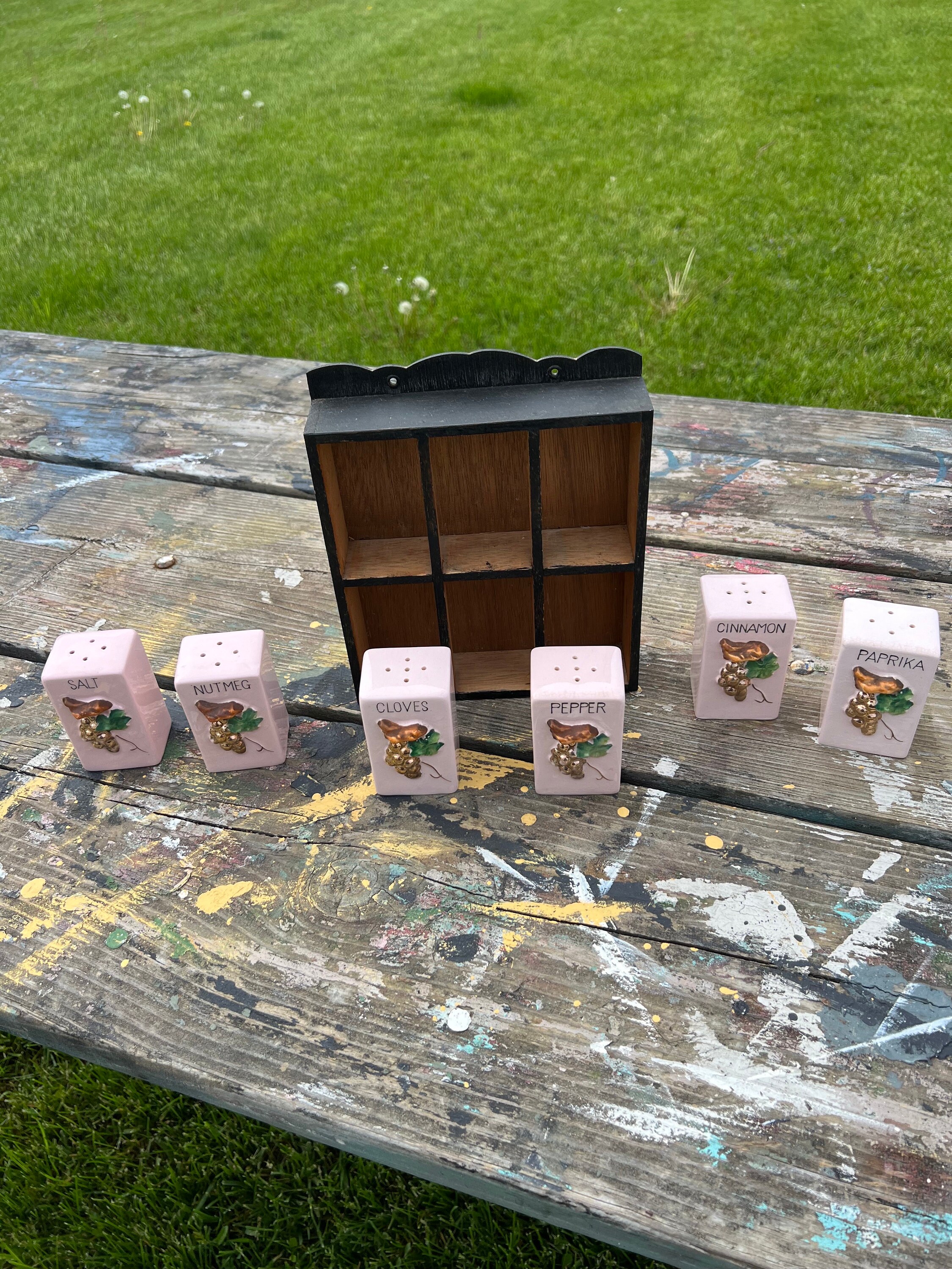 Vintage Spice Rack With Porcelain Jars Pink and Gold Made in