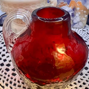 Vintage Ruby Red Handblown Art Glass Bud Vase with Applied Handle Textured Miniature Flower Vases Gifts for Her Cottagecore Decor Wedding