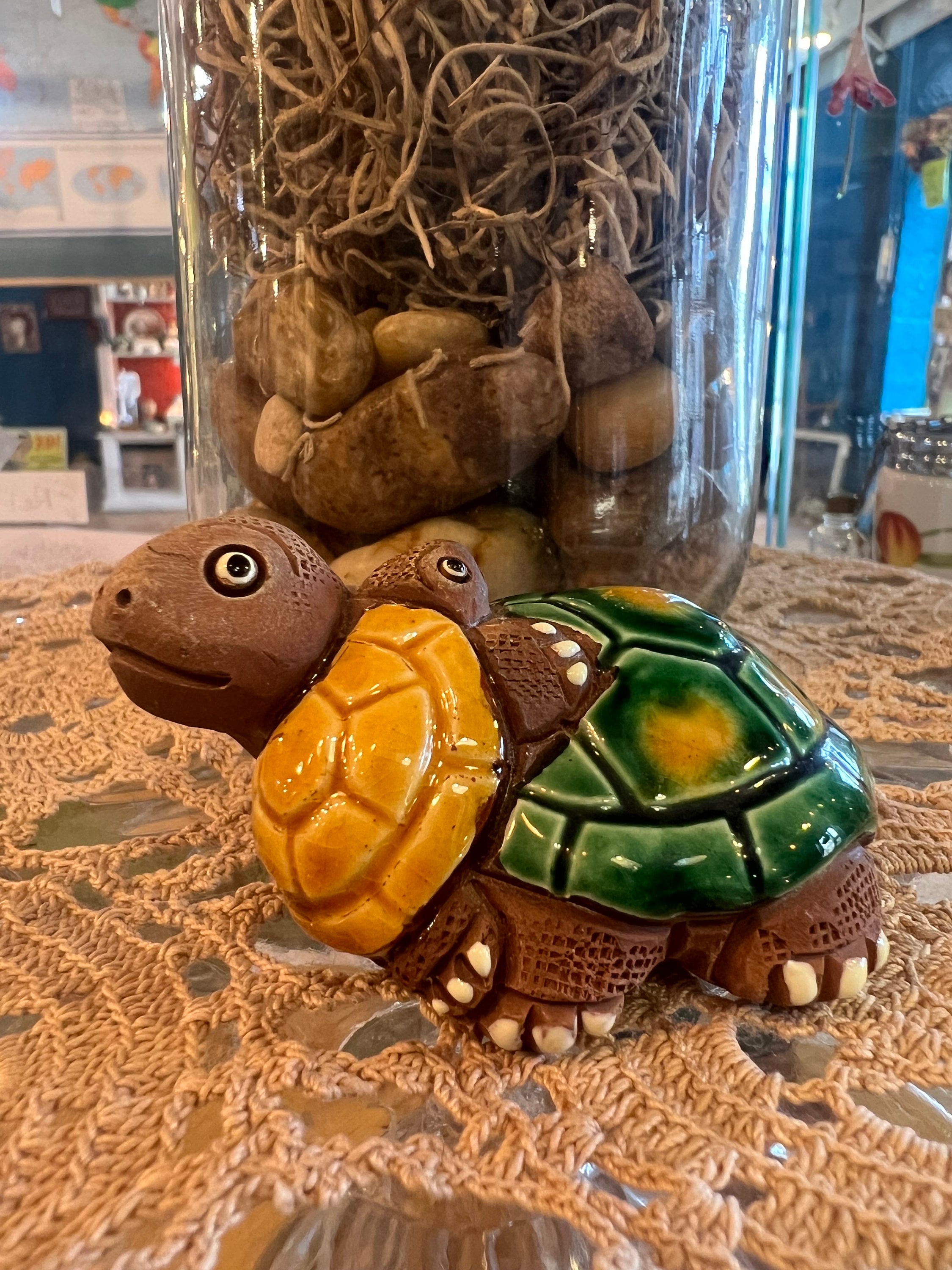 Vintage Turtle Pottery Whimsical Gift Ideas Easter Decor Small Figurines Art Peruvian Folk Small Turtles Mom with Baby Nursery Decor Sea Lif
