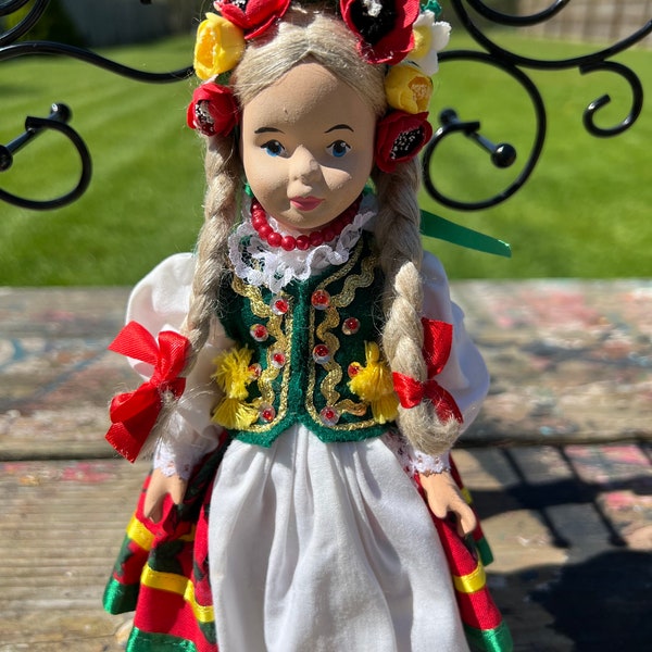 Vintage Porcelain Polish Doll In Traditional Dress Handmade In Poland Ethnic Folk Art Dolls Flowers Girl With Braids Wedding Hand Painted