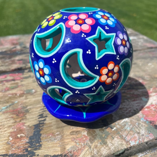 Mexican Pottery Ball Tea Light Holder Cut Out Lights Moon Stars Brightly Colored Folk Art Flowers Wedding Decor