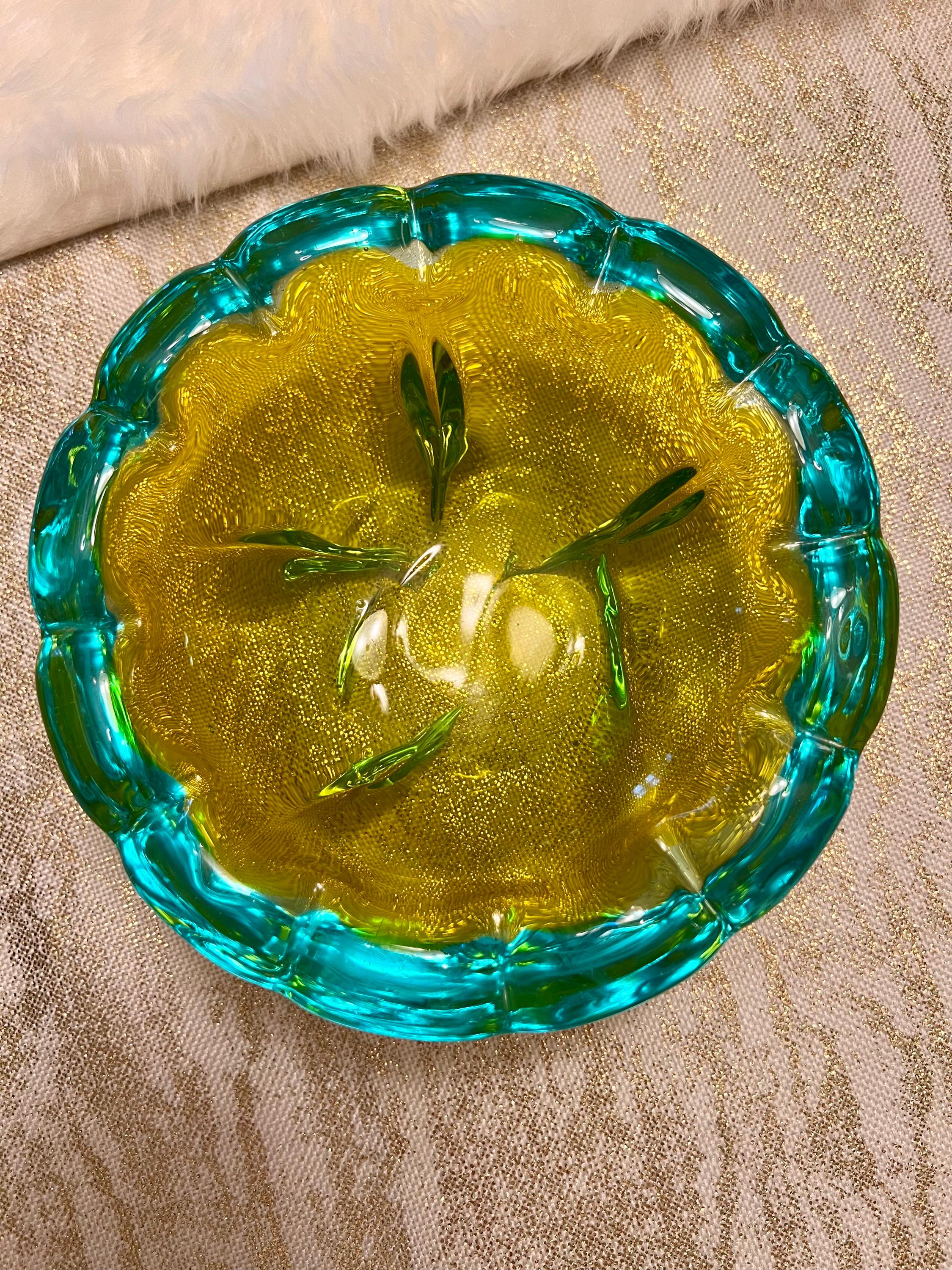 murano ブルー＆クリア アートガラス アッシュトレイ 灰皿 イタリア製