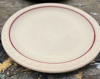 Syracuse China Cardinal Line Dinner Plates Railroad Dishes Ecru with Red Stripe Wedding Table Service Restaurant Ware Ironstone Farmhouse