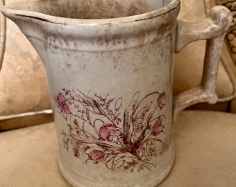 Antique Ironstone Pitcher Floral Transferware Pink and Brown Flowers Botanical Home Decor Crazing Farmhouse Kitchen Shabby Chic Country Cott