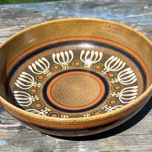 May include: A large brown ceramic bowl with a decorative design featuring stylized white flowers, green leaves, and orange and blue circles.