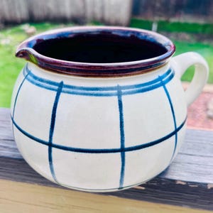 Large Pitcher Blue Grid Pattern Vintage Art Pottery Signed Peter Kuthan Czechoslovakia Czech Modern Farmhouse Cottagecore Flower Pot Vase