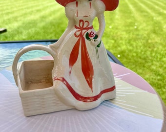 Vintage Pottery Planter Girl Holding A Basket Flower Planters Succulents Art Chippy Paint Shabby Chic Flowers Spring Summer Wedding Decor