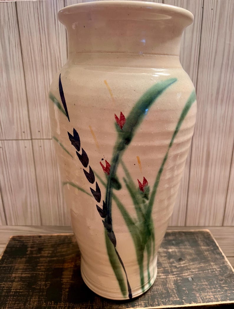 Art Pottery Vase Hand Thrown Floral Motif Tall Flower Vases Spring Home ...