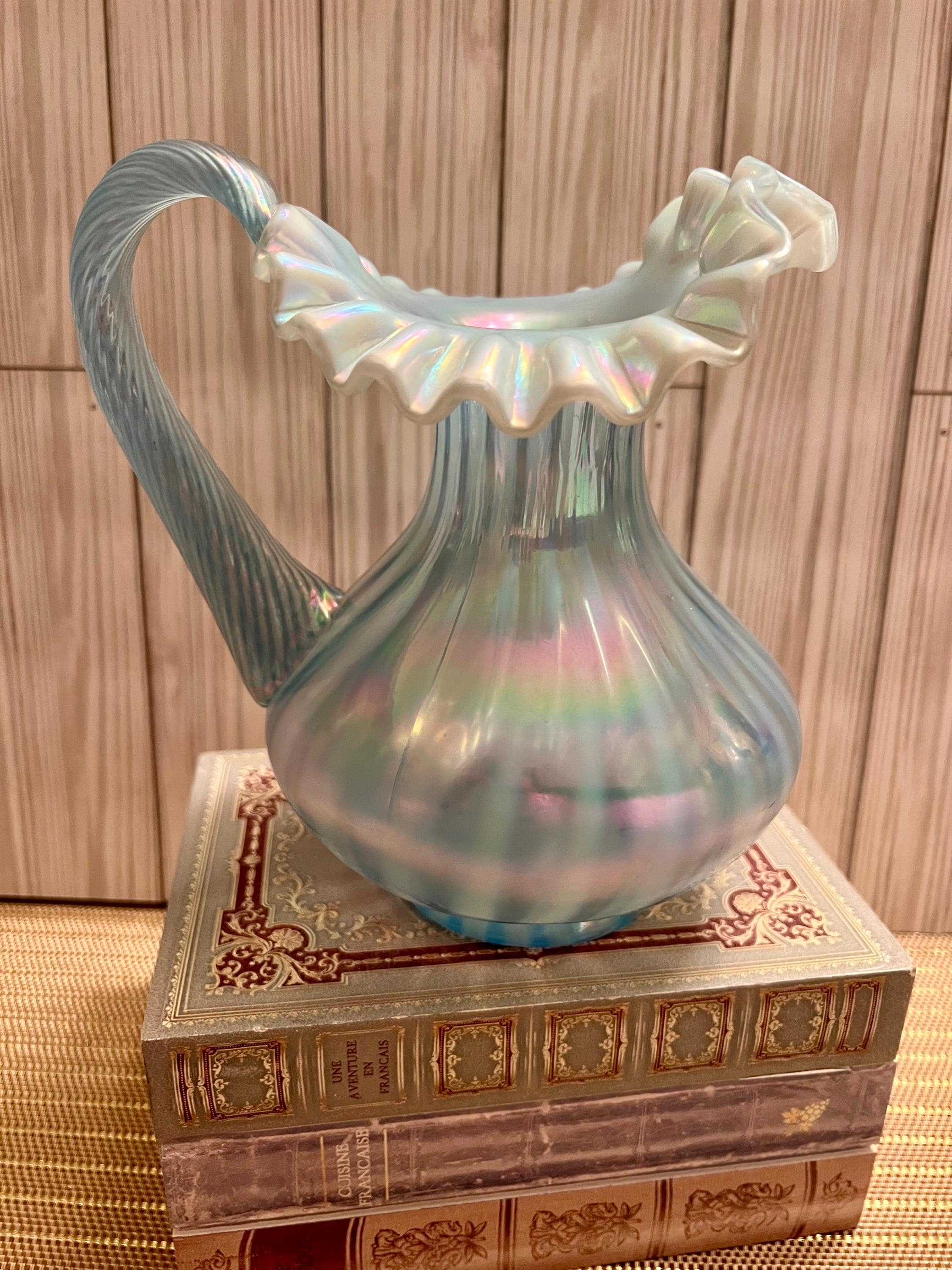 Fenton Aqua Ocean Blue Iridized Optic Swirl Ruffled Rim Pitcher