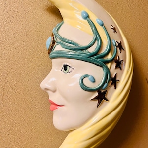 Vintage Crescent Moon Face Wall Art Ceramic Handmade Handpainted Moons and Stars Goddess Celestial Astrological Home Decor Gallery Walls
