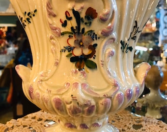 Hand Painted Floral Vase/Urn/Pottery Vase/Urn/Wedding Decor/Vintage Pottery/Shabby Chic Decor/Iridescent/Easter Table/Scalloped Edge Vase